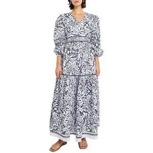 Misook Dress Size Medium White Blue Maxi Floral Embroidered V-Neck Long Sleeve
